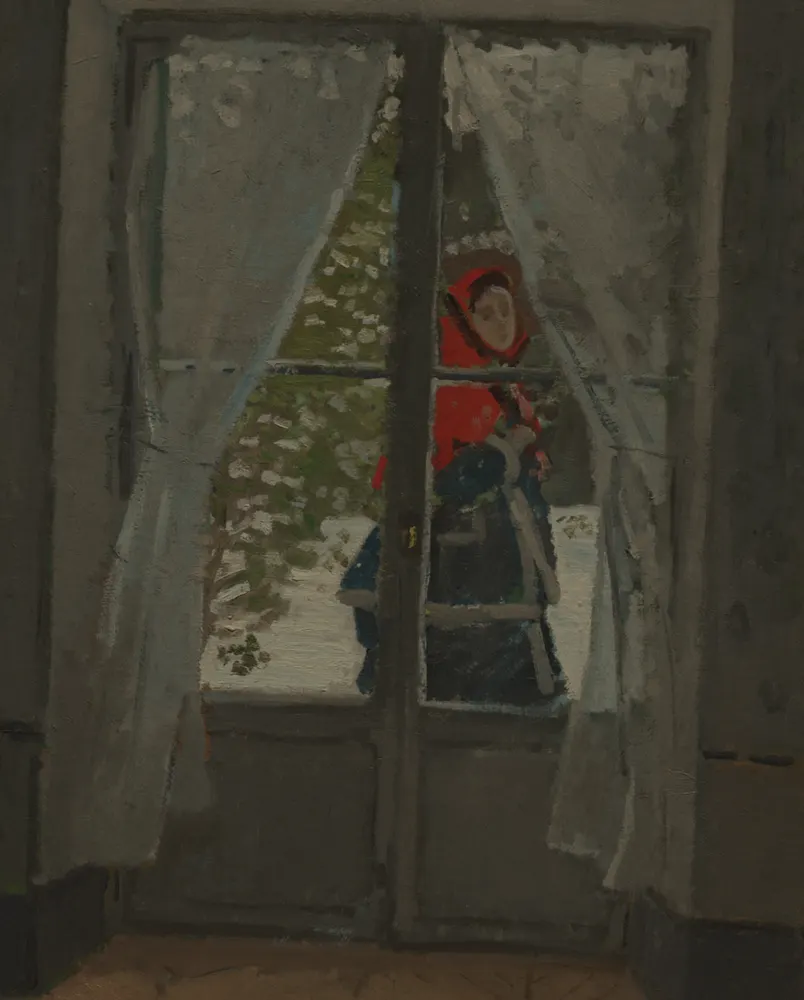 Simulated photo in low gallery light of The Red Kerchief by Claude Monet