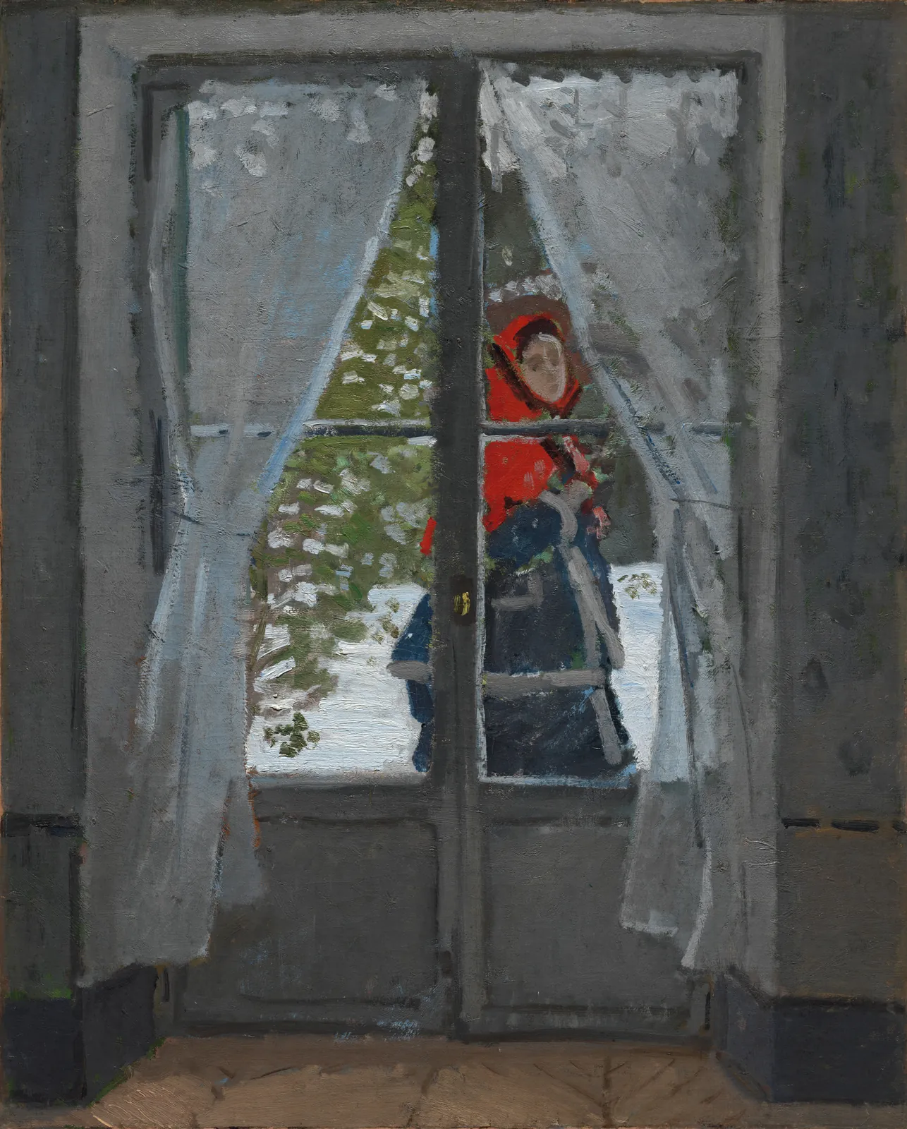 The Red Kerchief by Claude Monet: a figure in a red headscarf seen through French windows in snow